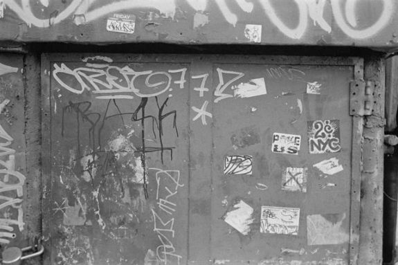 Obligatory photo of urban decay and graffiti taken with a Leica (aka why bother?) - Bergger BRF 400 Plus @ EI400, Rodinal 1+50 7 min 75F, Leica M4 & 35mm Summicron IV